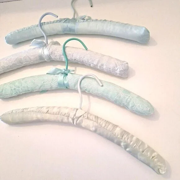 Blue & Green Padded Satin Lace Boudoir Lingerie Clothes Hangers 4 Lot - Picture 7 of 8